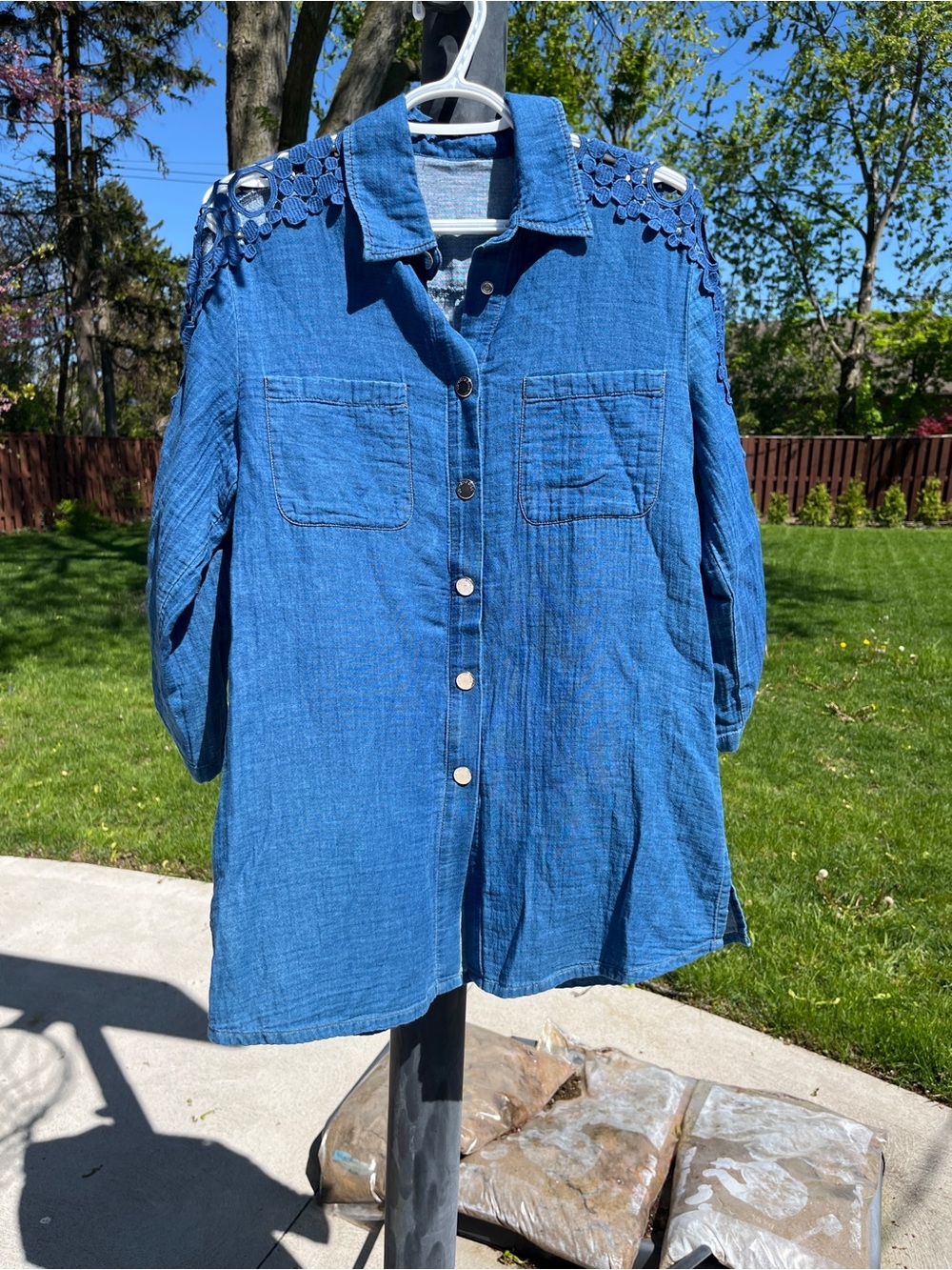 Caroline Biss Women's Blue Shirt with Crochet / Lace Detail at Shoulder and Arm